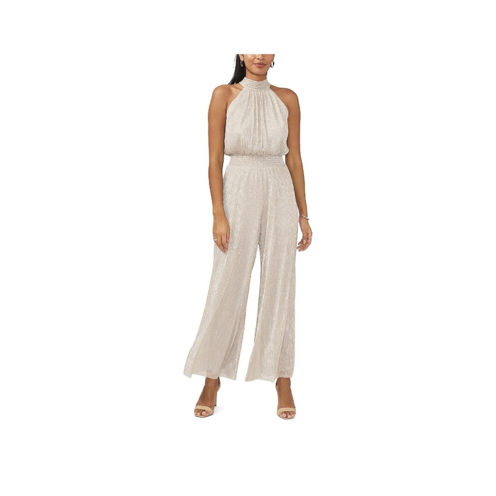 Cream Halter Jumpsuit with‎ Wide-Leg Pants